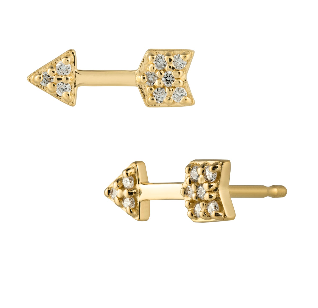 Beautiful diamond arrow stud can be layered or worn alone. 14K yellow gold 1 mm handset, full cut white diamond post back stud earring sold as a single stud