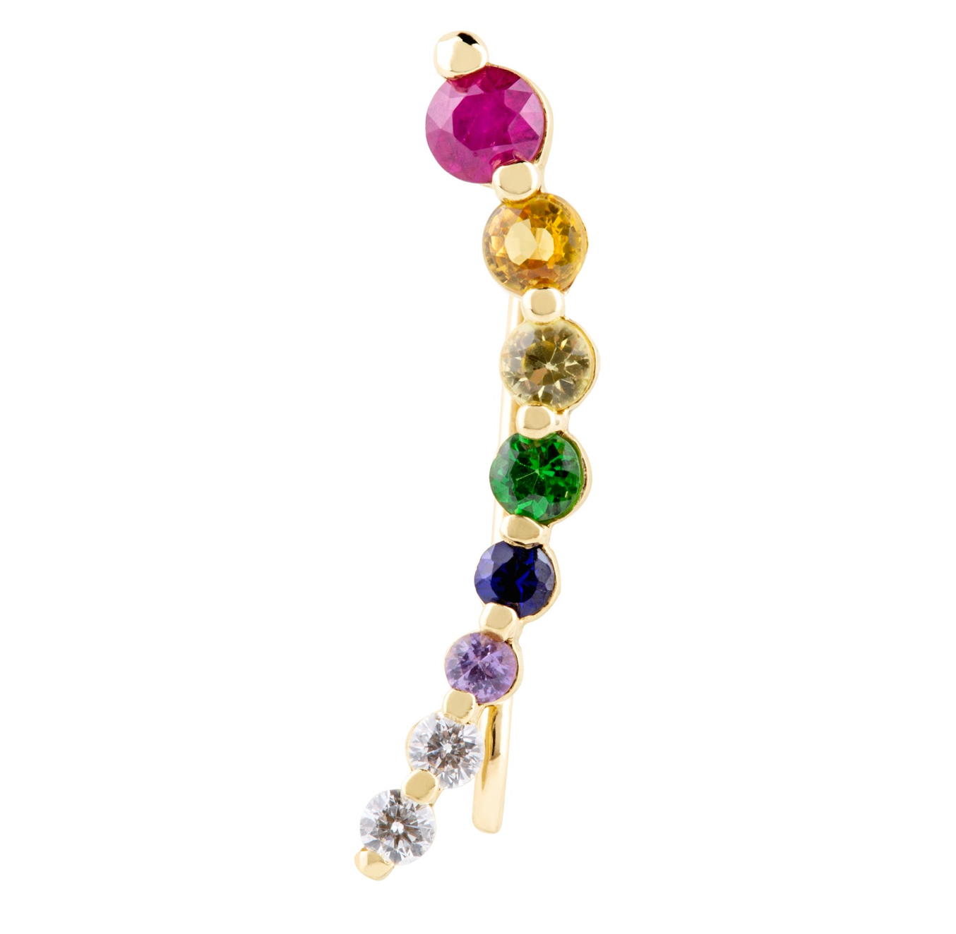 rainbow ear crawler can be worn on either the right side first piercing or wear it on your cartilage.   14K yellow gold ﻿sapphire/diamond: ruby, orange sapphire, yellow sapphire, tsavorite, sapphire, purple sapphire, diamond stone sizes 1.00mm-2.75mm  