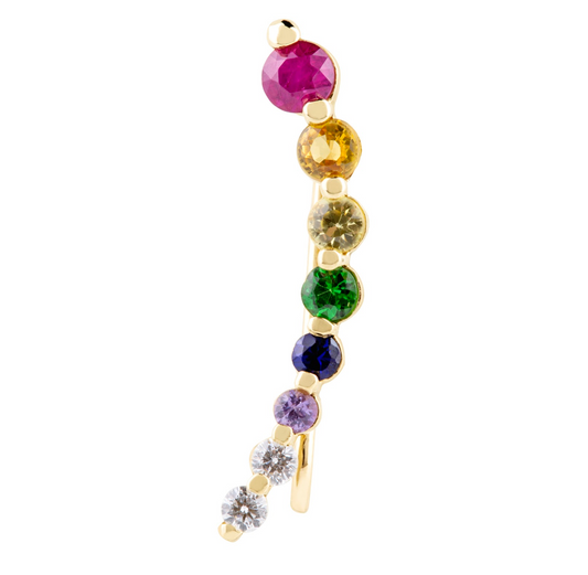 rainbow ear crawler can be worn on either the right side first piercing or wear it on your cartilage.   14K yellow gold ﻿sapphire/diamond: ruby, orange sapphire, yellow sapphire, tsavorite, sapphire, purple sapphire, diamond stone sizes 1.00mm-2.75mm  