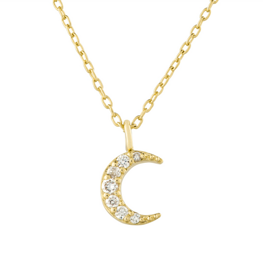 This diamond moon pendant can be used to layer or wear alone.   14k yellow gold. 1mm-1.5mm handset, full cut white diamonds.  14"-16" chain included.