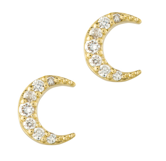 This moon stud looks amazing with other our other stud earrings. You can also complement our diamond moon stud with the diamond moon necklace.  14k yellow gold. 1mm - 1.5mm handset, full cut white diamonds. post back stud earring. sold as a single earring.