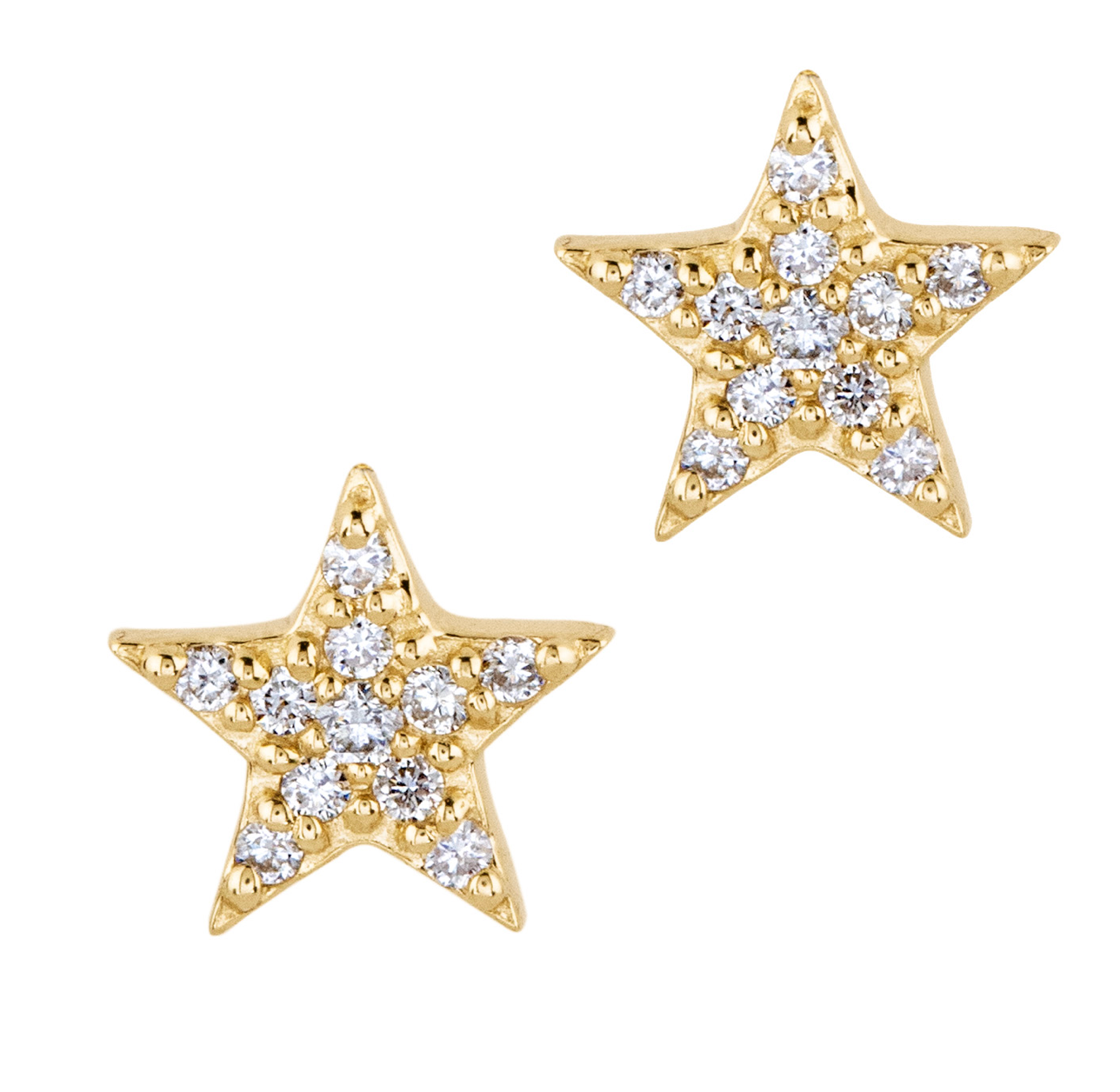 This diamond star stud can be used to layer or wear alone.  14K yellow gold 1 mm-1.5mm handset, full cut white diamond post back stud earring  sold as a single earring