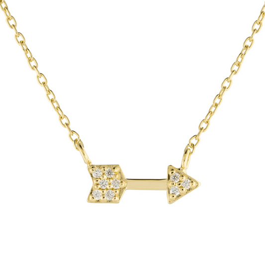 Beautiful diamond arrow pendants can be layered or worn alone. 14K yellow gold 1 mm handset, full cut white diamond